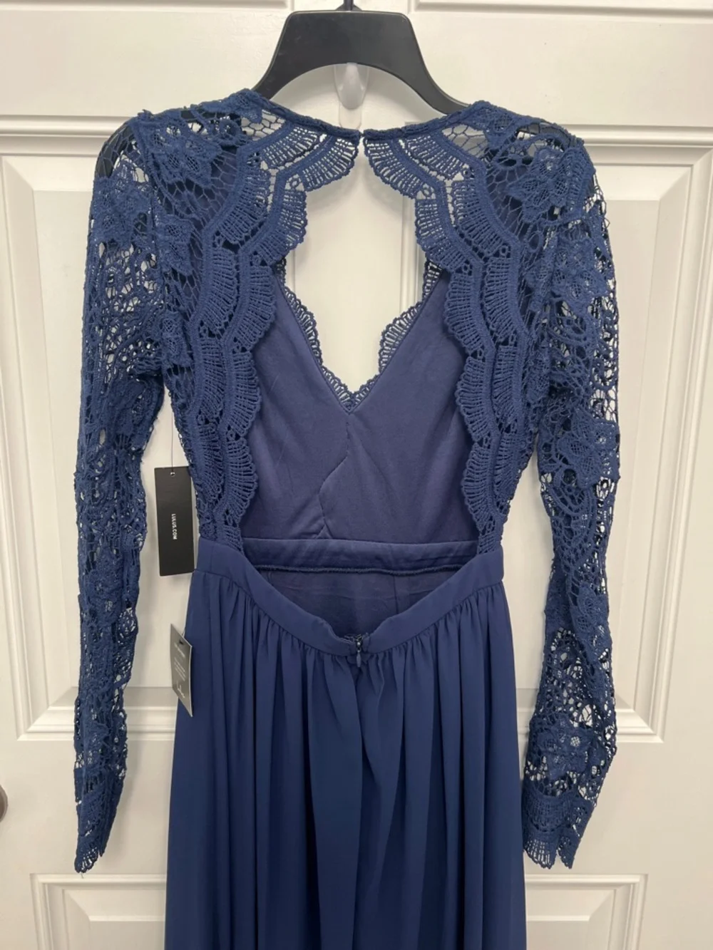 Lulus Awaken My Love Navy Blue Crochet‎ Lace Long Sleeve Maxi Dress Small NWT